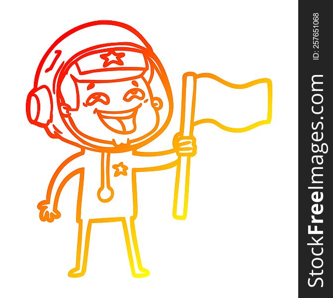 Warm Gradient Line Drawing Cartoon Laughing Astronaut Waving Flag