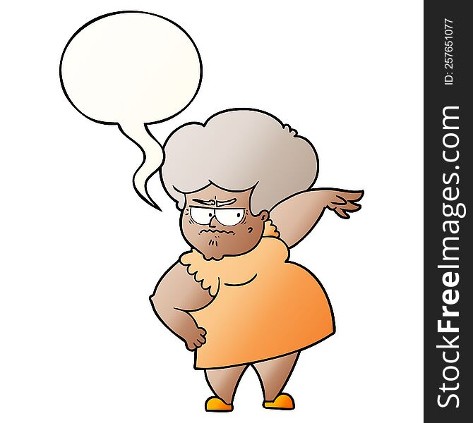 cartoon angry old woman with speech bubble in smooth gradient style