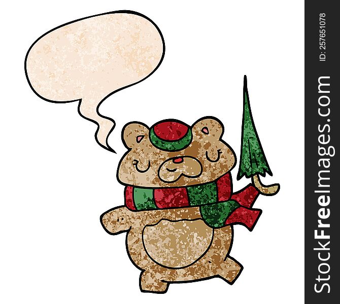 Cartoon Bear And Umbrella And Speech Bubble In Retro Texture Style