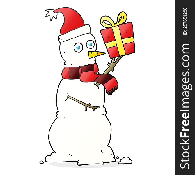 freehand drawn cartoon snowman holding present