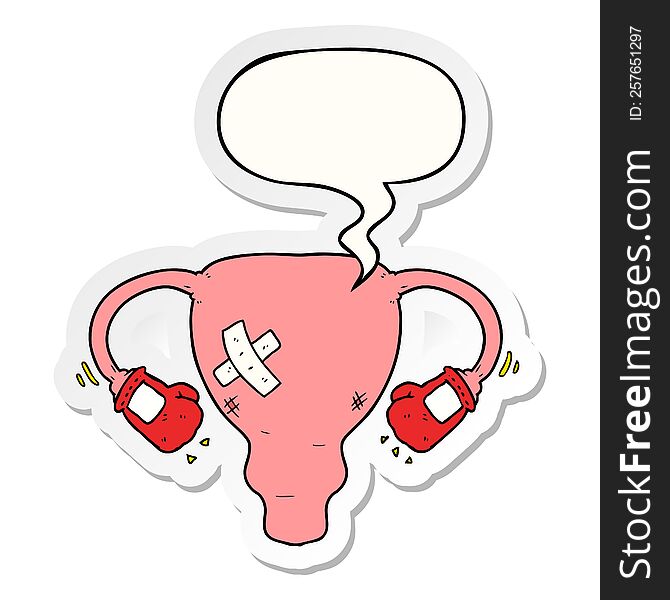 Cartoon Beat Up Uterus And Boxing Gloves And Speech Bubble Sticker