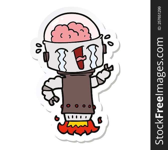 Sticker Of A Cartoon Crying Robot Flying
