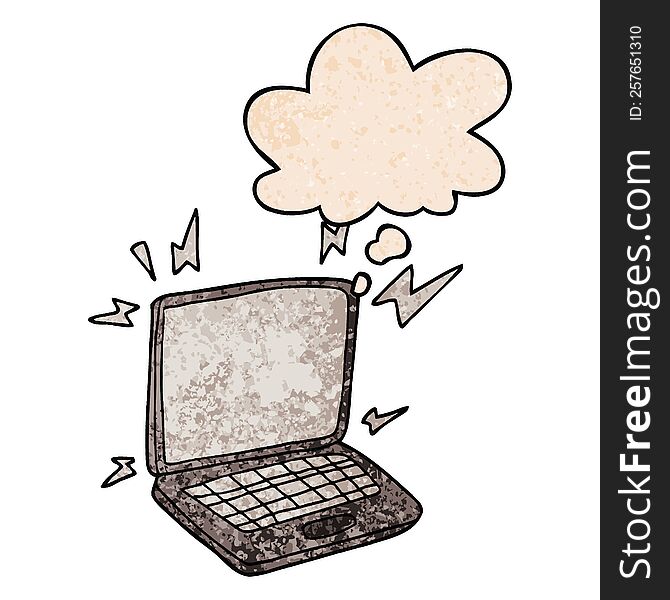 Cartoon Laptop Computer And Thought Bubble In Grunge Texture Pattern Style