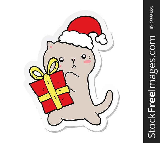 Sticker Of A Cute Cartoon Cat Carrying Christmas Present
