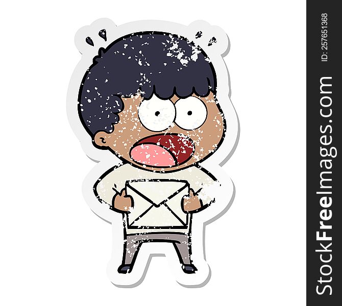 Distressed Sticker Of A Cartoon Shocked Man Holding Envelope