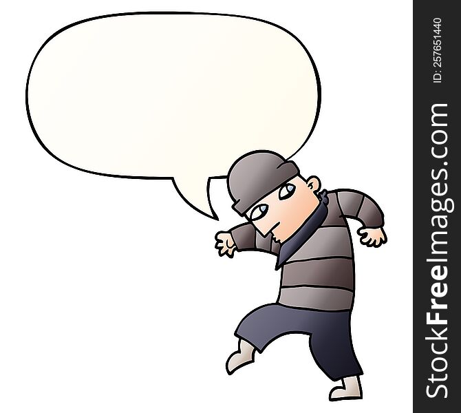 cartoon sneaking thief with speech bubble in smooth gradient style