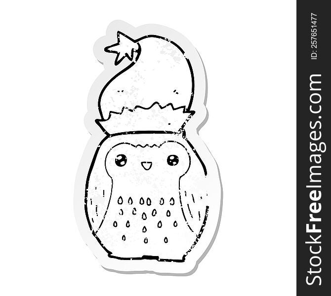 Distressed Sticker Of A Cute Cartoon Owl Wearing Christmas Hat