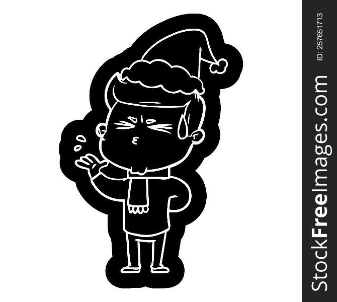 quirky cartoon icon of a man sweating wearing santa hat
