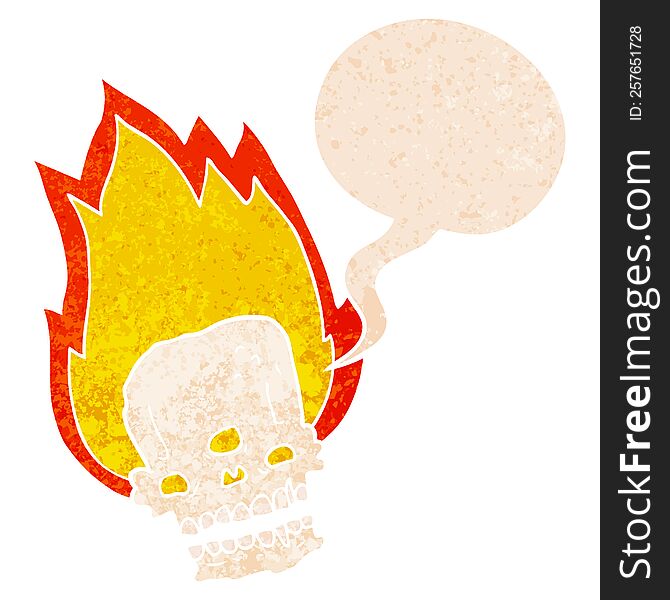 Spooky Cartoon Flaming Skull And Speech Bubble In Retro Textured Style