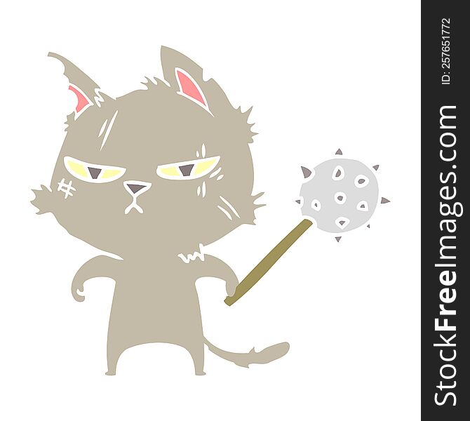 tough flat color style cartoon cat with mace