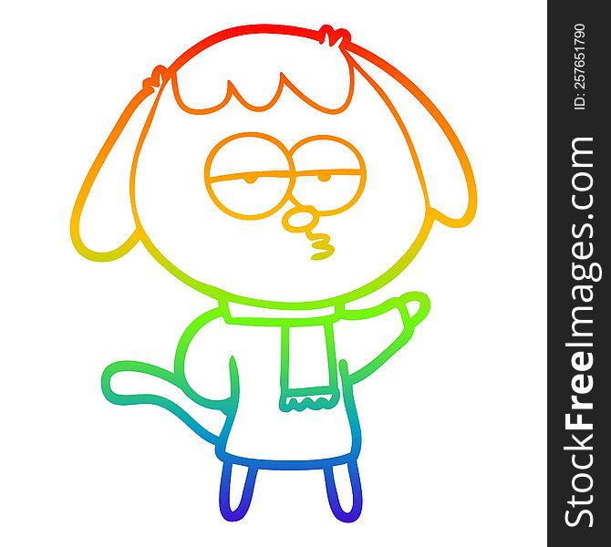 Rainbow Gradient Line Drawing Cartoon Tired Dog Wearing Winter Clothes