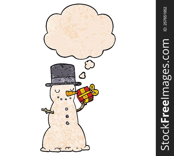 Cartoon Christmas Snowman And Thought Bubble In Grunge Texture Pattern Style