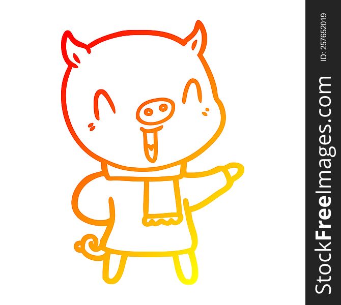 warm gradient line drawing of a happy cartoon pig in winter clothes