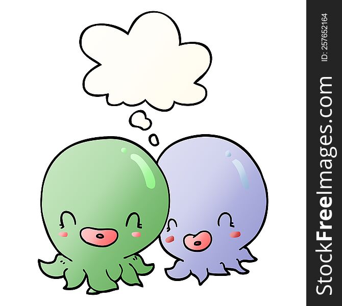 Two Cartoon Octopi  And Thought Bubble In Smooth Gradient Style