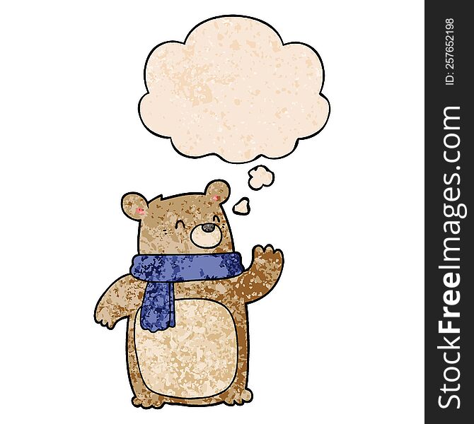 Cartoon Bear Wearing Scarf And Thought Bubble In Grunge Texture Pattern Style
