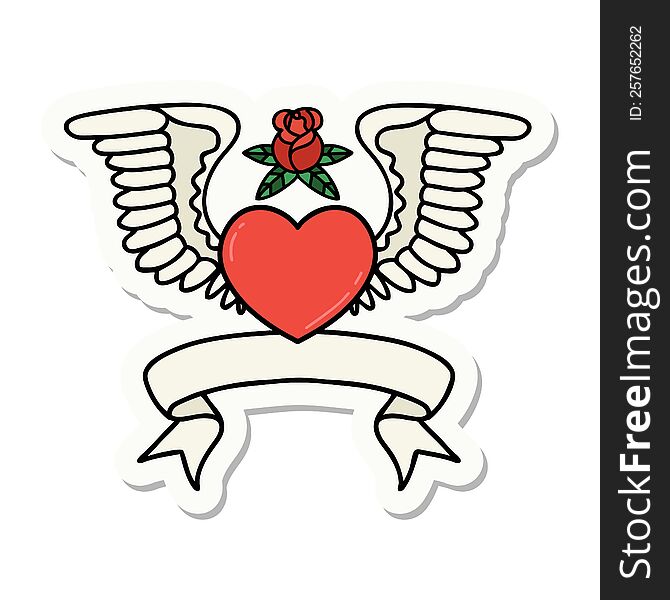 tattoo style sticker with banner of a heart with wings