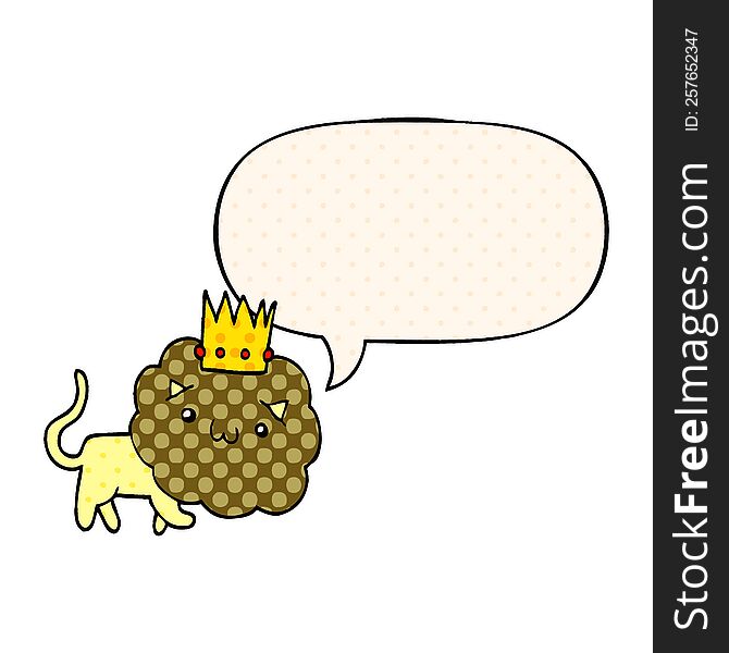 cartoon lion with crown with speech bubble in comic book style. cartoon lion with crown with speech bubble in comic book style