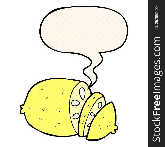 cartoon sliced lemon with speech bubble in comic book style