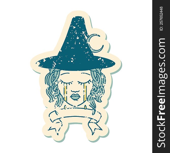 Retro Tattoo Style crying human witch with banner. Retro Tattoo Style crying human witch with banner