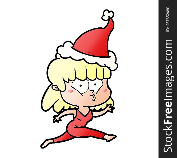 gradient cartoon of a woman running wearing santa hat