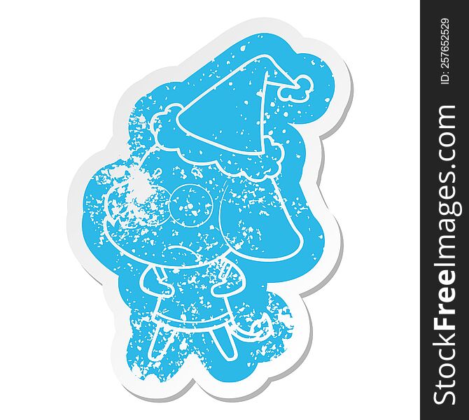 quirky cartoon distressed sticker of a unsure elephant wearing santa hat
