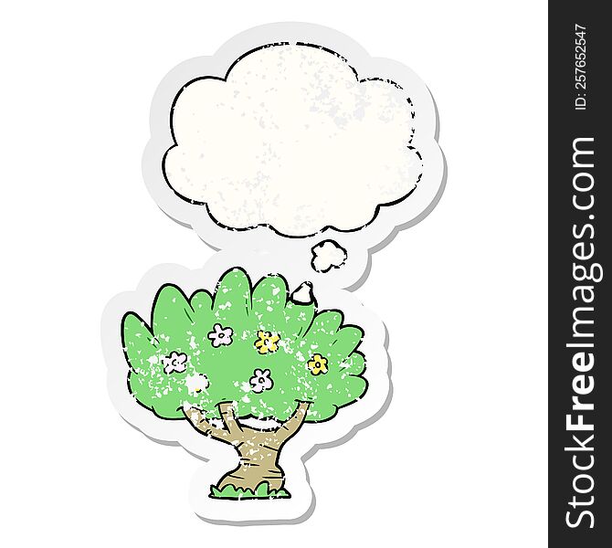 cartoon tree with thought bubble as a distressed worn sticker