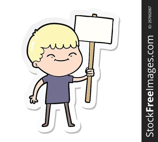 Sticker Of A Cartoon Smiling Boy With Placard