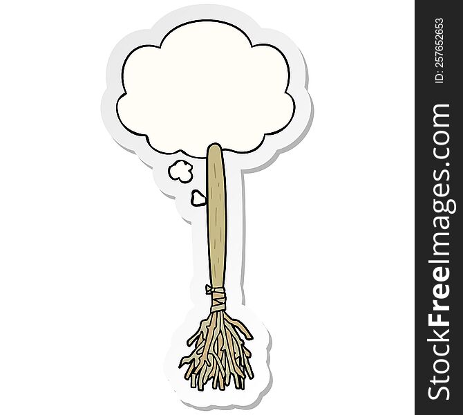 cartoon magic broom with thought bubble as a printed sticker