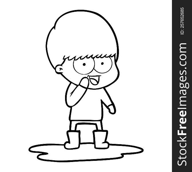 happy cartoon boy splashing in puddle. happy cartoon boy splashing in puddle