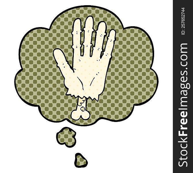 cartoon zombie hand with thought bubble in comic book style