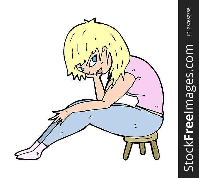 cartoon woman sitting on small stool