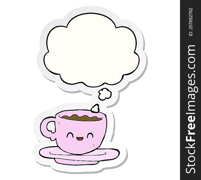 cartoon hot cup of coffee with thought bubble as a printed sticker