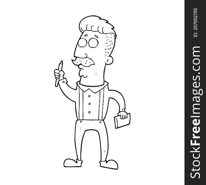 freehand drawn black and white cartoon man with notebook