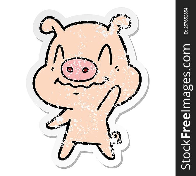 Distressed Sticker Of A Nervous Cartoon Pig Waving
