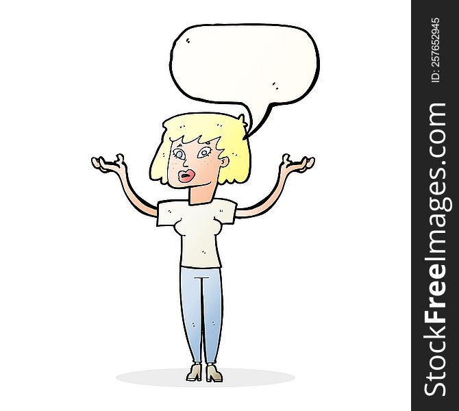 cartoon woman holding up hands with speech bubble