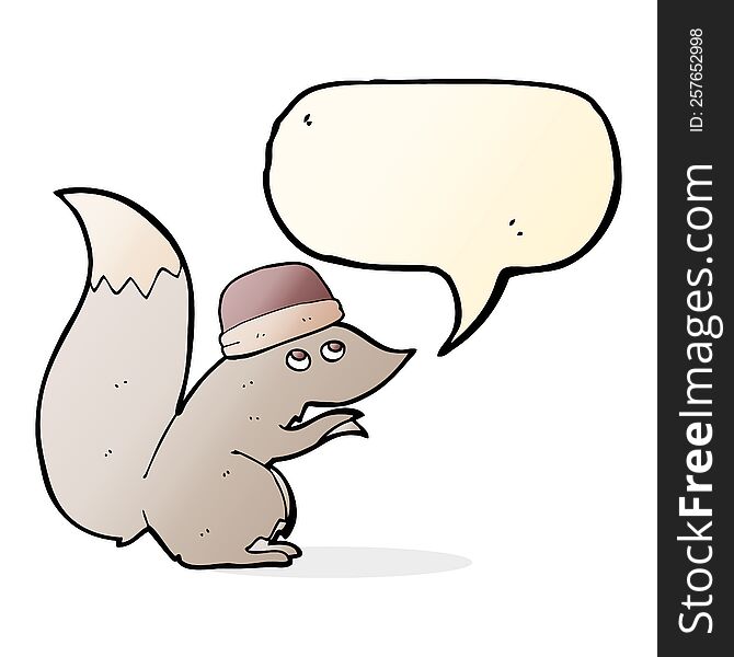 cartoon squirrel wearing hat with speech bubble