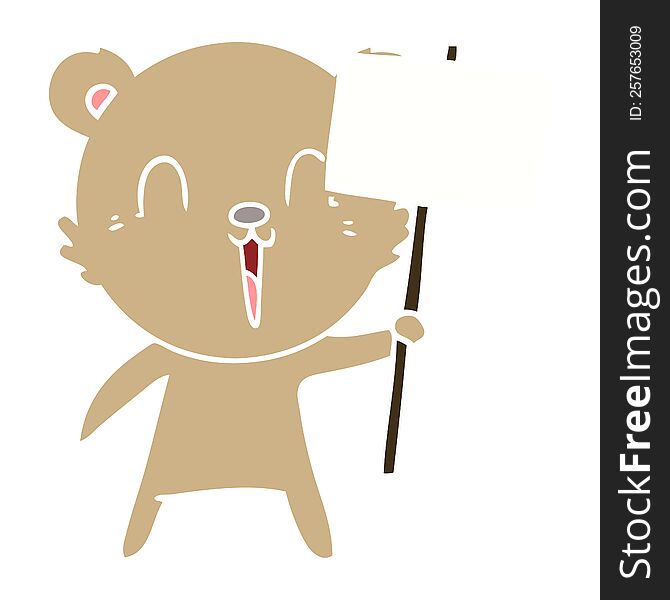 happy flat color style cartoon bear with placard