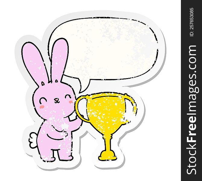 Cute Cartoon Rabbit And Sports Trophy Cup And Speech Bubble Distressed Sticker