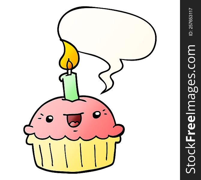 cartoon cupcake with candle with speech bubble in smooth gradient style. cartoon cupcake with candle with speech bubble in smooth gradient style