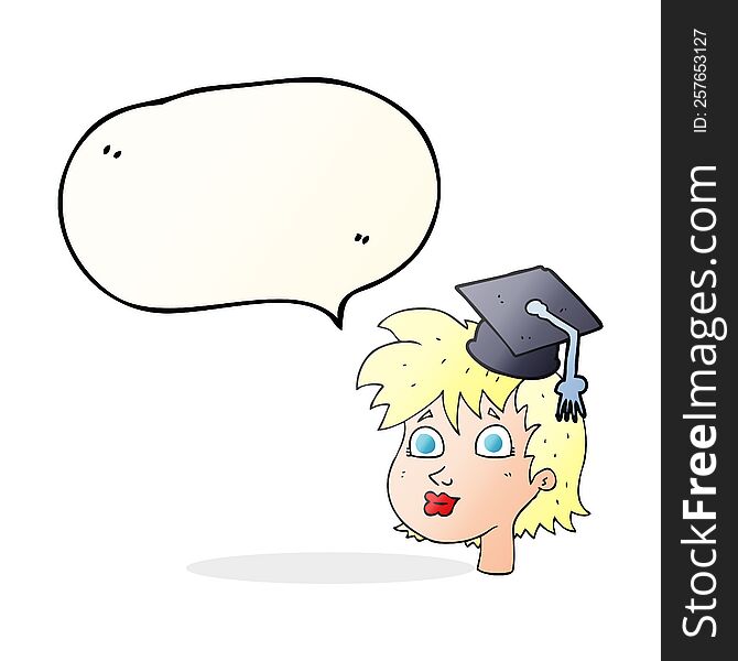 freehand drawn speech bubble cartoon woman wearing graduate cap. freehand drawn speech bubble cartoon woman wearing graduate cap