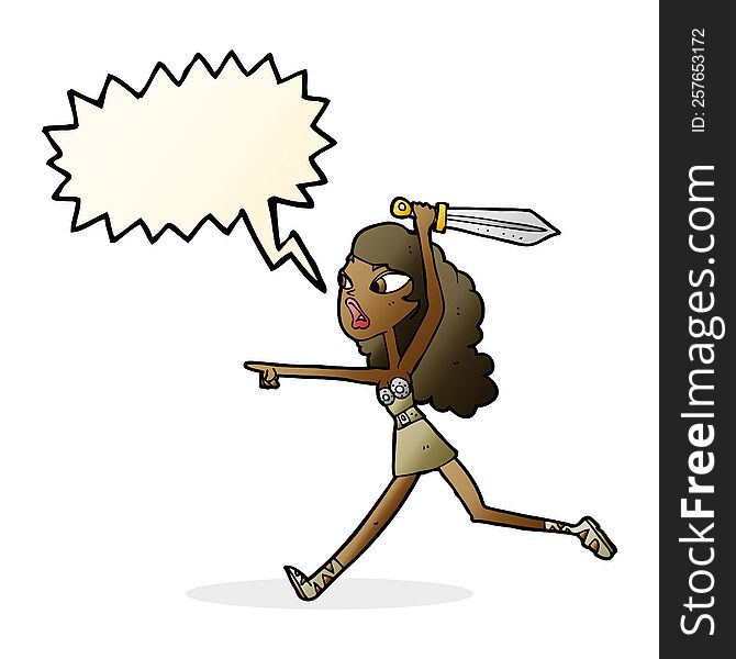 Cartoon Girl With Sword With Speech Bubble