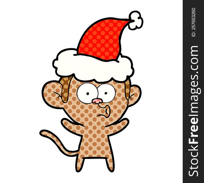 Comic Book Style Illustration Of A Surprised Monkey Wearing Santa Hat