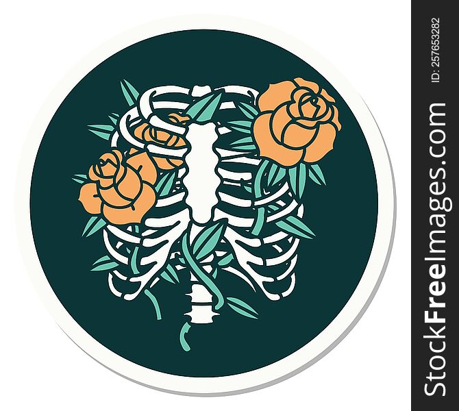 Tattoo Style Sticker Of A Rib Cage And Flowers