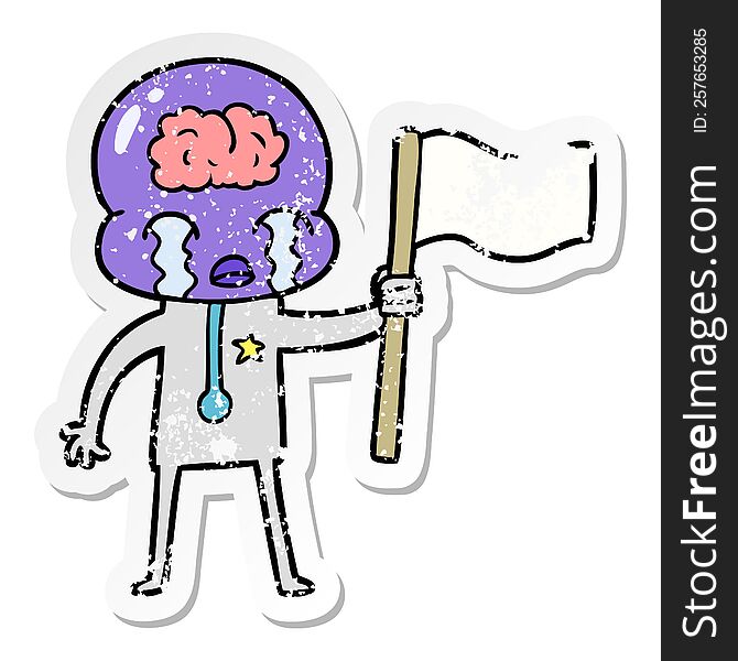 Distressed Sticker Of A Cartoon Crying Big Brain Alien Waving A Flag