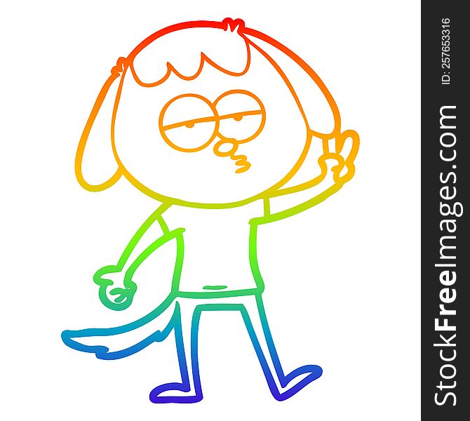 rainbow gradient line drawing cartoon tired dog giving peace sign