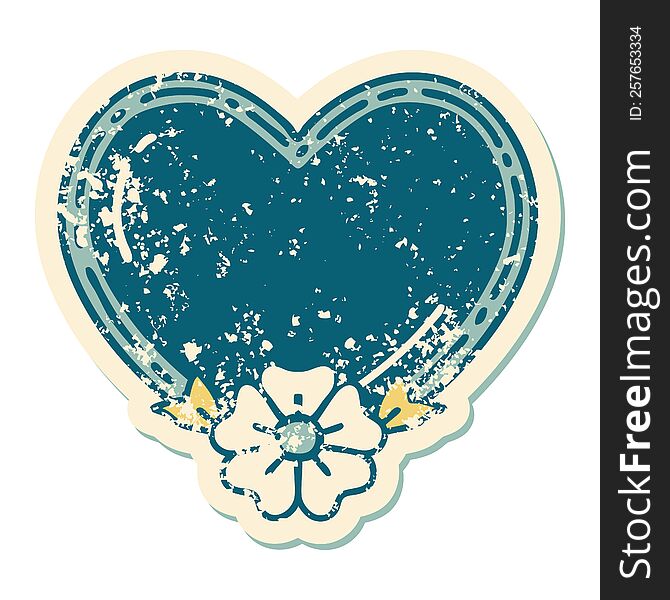 Distressed Sticker Tattoo Style Icon Of A Heart And Flower