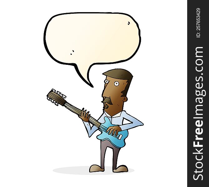 cartoon man playing electric guitar with speech bubble