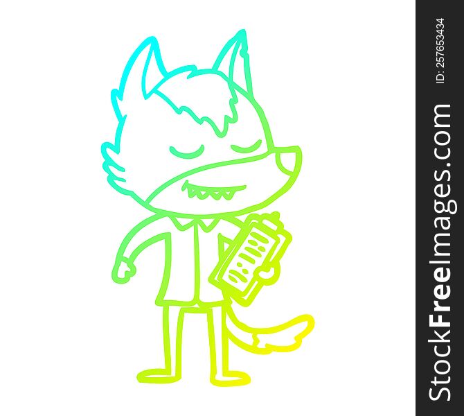 cold gradient line drawing of a friendly cartoon wolf with notes