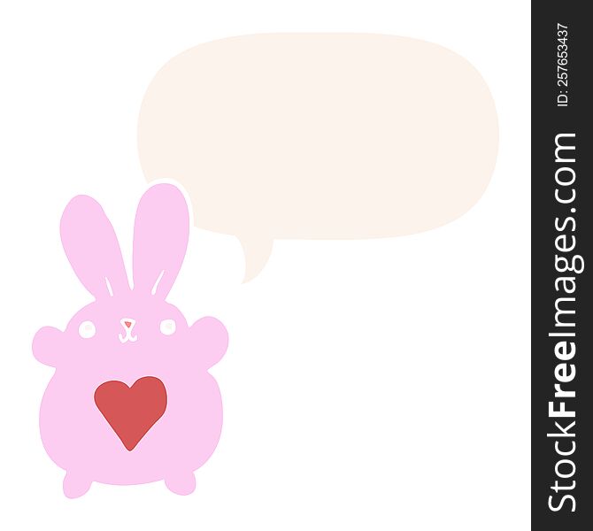 Cute Cartoon Rabbit And Love Heart And Speech Bubble In Retro Style