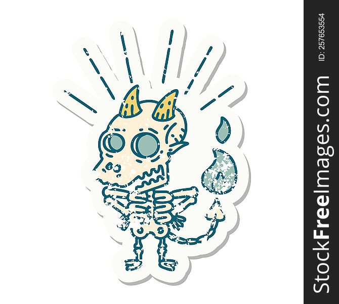 grunge sticker of tattoo style skeleton demon character